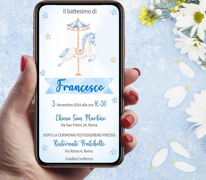 Invito digitale battesimo Giostra, personalizzato per WhatsApp