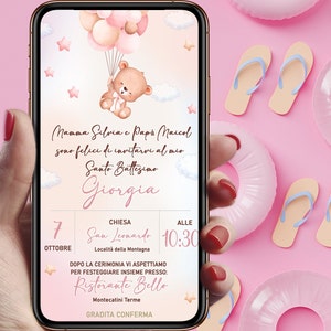 Invito Digitale Battesimo Orsetto con palloncini elegante Bimba WHATSAPP - FILE DIGITALE bear with balloons girl