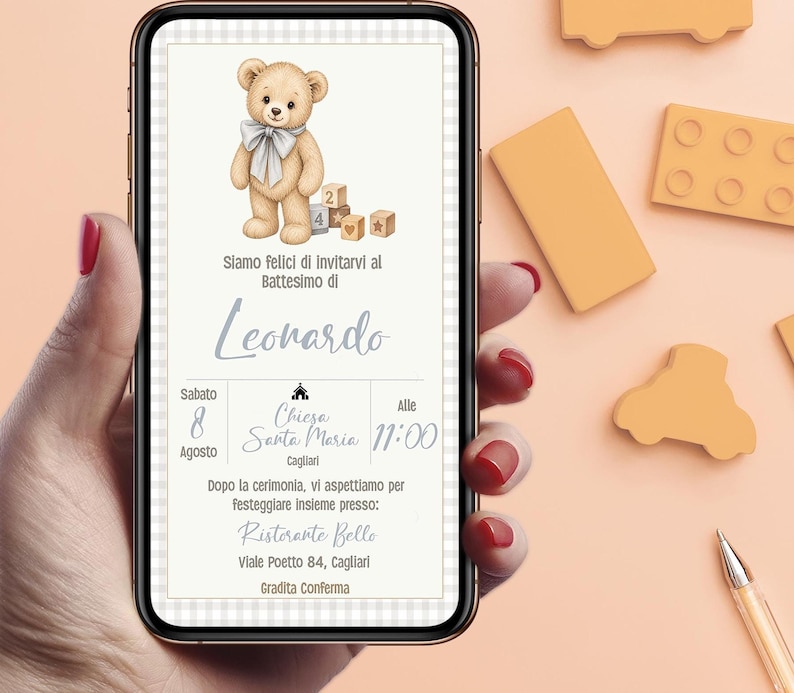 Invito battesimo con orsetto elegante, digitale personalizzato per WhatsApp