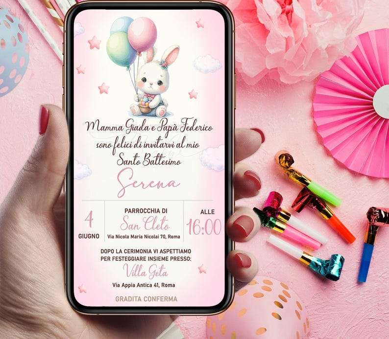 Invito digitale battesimo Coniglietto con palloncini, personalizzato per WhatsApp