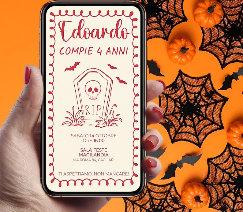Invito Compleanno Halloween con Lapide e Pipistrelli, Digitale Personalizzato per WhatsApp