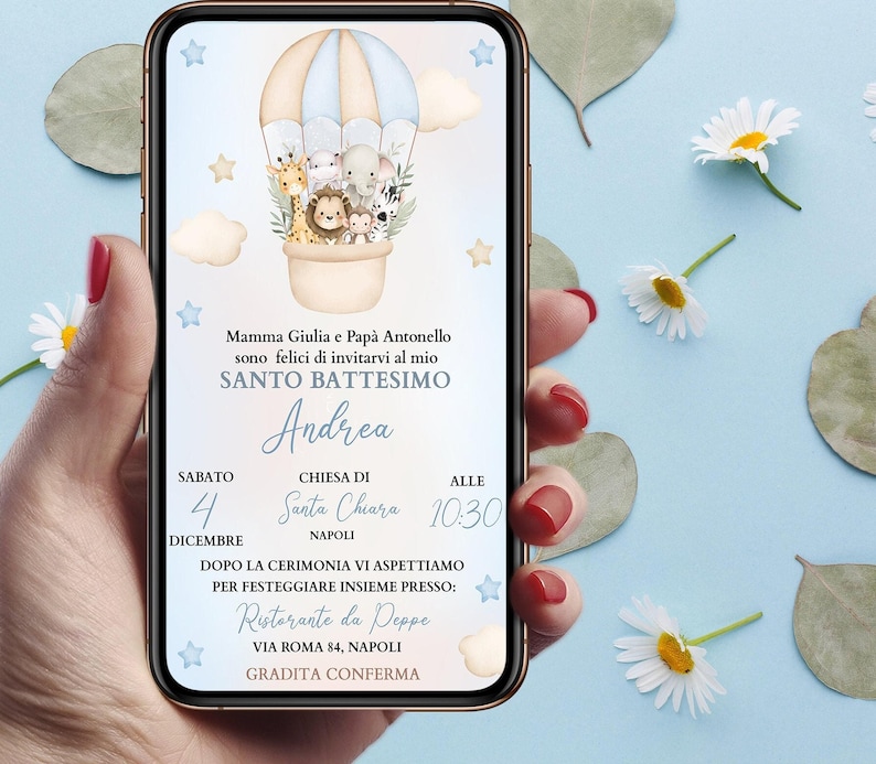 Invito digitale battesimo Animali e mongolfiera, personalizzato per WhatsApp