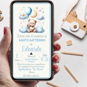 bear with blue and peach balloons Baptism Invitation, Personalized Digital Invitation for WhatsApp image 1