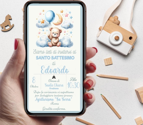 Invito di battesimo Orsetto con palloncini azzurri, invito digitale personalizzato per WhatsApp