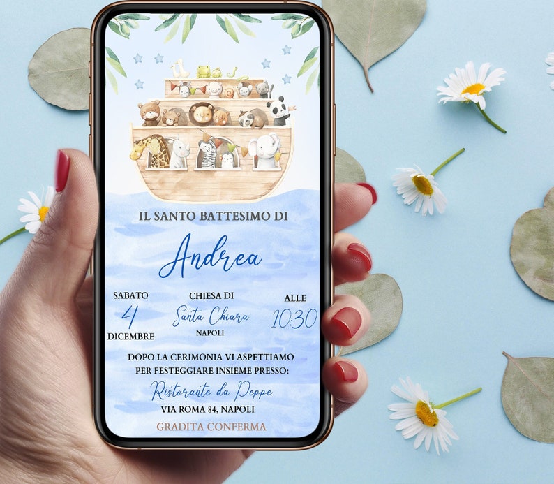 Invito digitale battesimo Arca di Noè con animali, personalizzato per WhatsApp