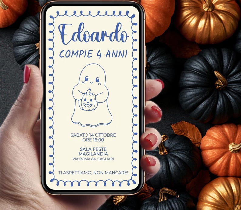 Invito Compleanno Halloween con Fantasmino, Digitale Personalizzato per WhatsApp