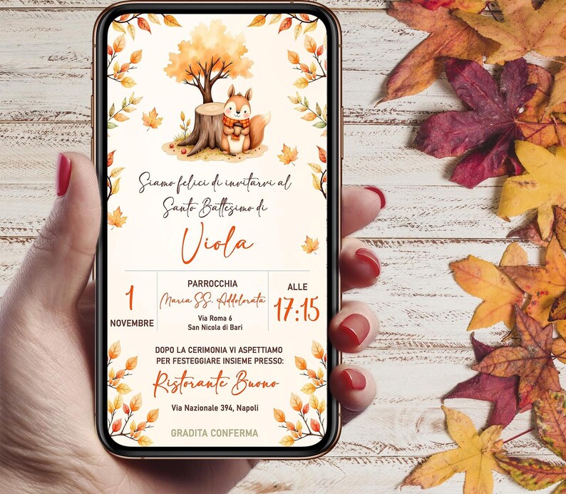 Invito digitale battesimo Volpe woodland autunnale, personalizzato per WhatsApp