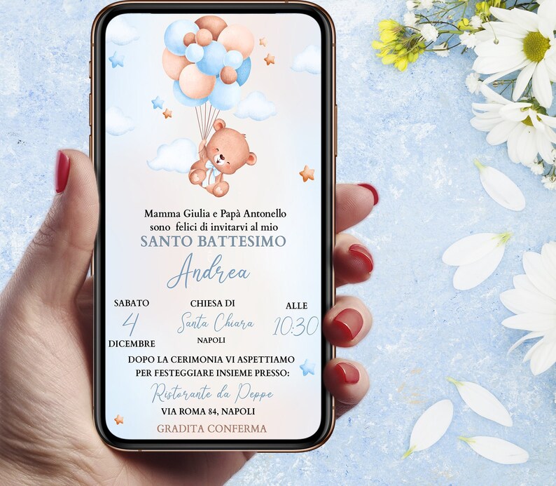Invito digitale battesimo Orsetto con palloncini, personalizzato per WhatsApp
