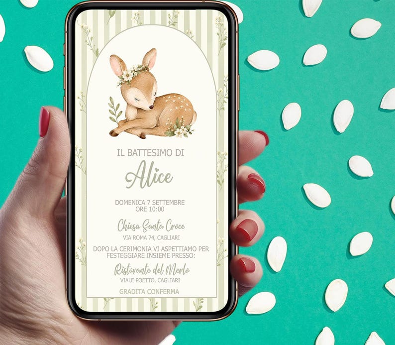 Invito Battesimo Cerbiatto Elegante con Fiori, Digitale Personalizzato per WhatsApp