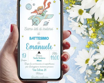 Little Prince in an airplane Baptism Invitation, Personalized Digital Invitation for WhatsApp