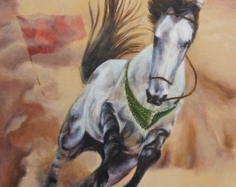 Islamic Art Zuljanah horse of Imam Hussain in the battle of Karbala Maymoon white horse acrylic on canvas fine art Shia Art Islamic History