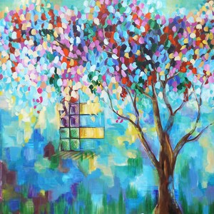 Kunstdruck, Acryl-Malerei auf Leinwand Landschaft Baum und Blumen östlichen Architektur arabischen Nahosten Kunst Fine Art verloren Fenster blau