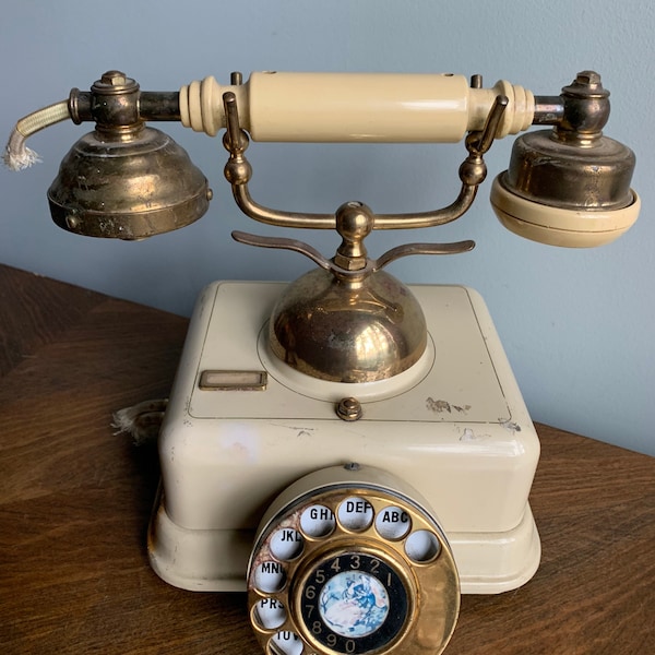 Antique telephone, made in Japan, beige telephone, theatre props, vintage telephone, electronics, collectible telephones, home office decor,