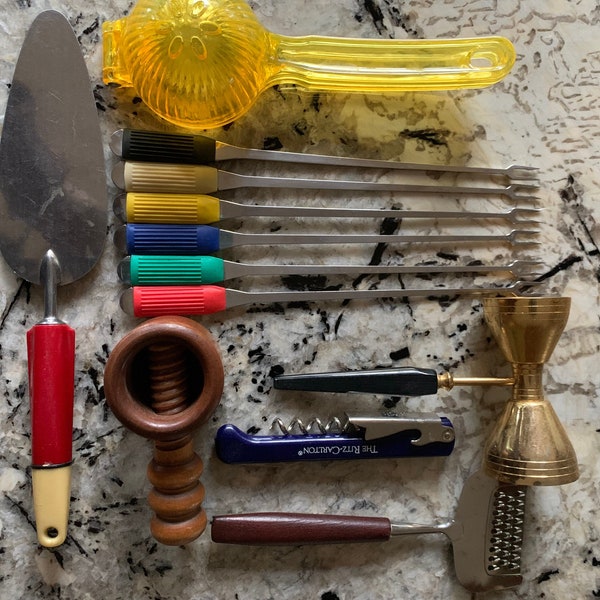 Vintage utensils, ritz Carlton, nutcracker, corkscrew, fondu forks, vintage barware, French chef tools,rustic boho, gift for her, mom gifts