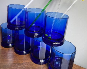 6 Cobalt glasses, blue water glasses, cocktail glasses, mid century modern barware, 50s 60s  bar cart, blue glass dinnerware, 60s wet bar,