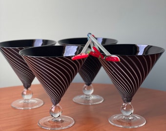 4 martini glasses, mid century Barware, vintage cocktail glasses, gift for her, gift for him, mcm bar cart, black and white glasses, mcm,