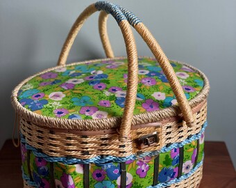 Woven Sewing Basket, Craft Hobby Basket, Gift for Her, Birthday Gift, Flower Power, Green, Purple, Blue, Pink, White, Floral Fabric, Rope,