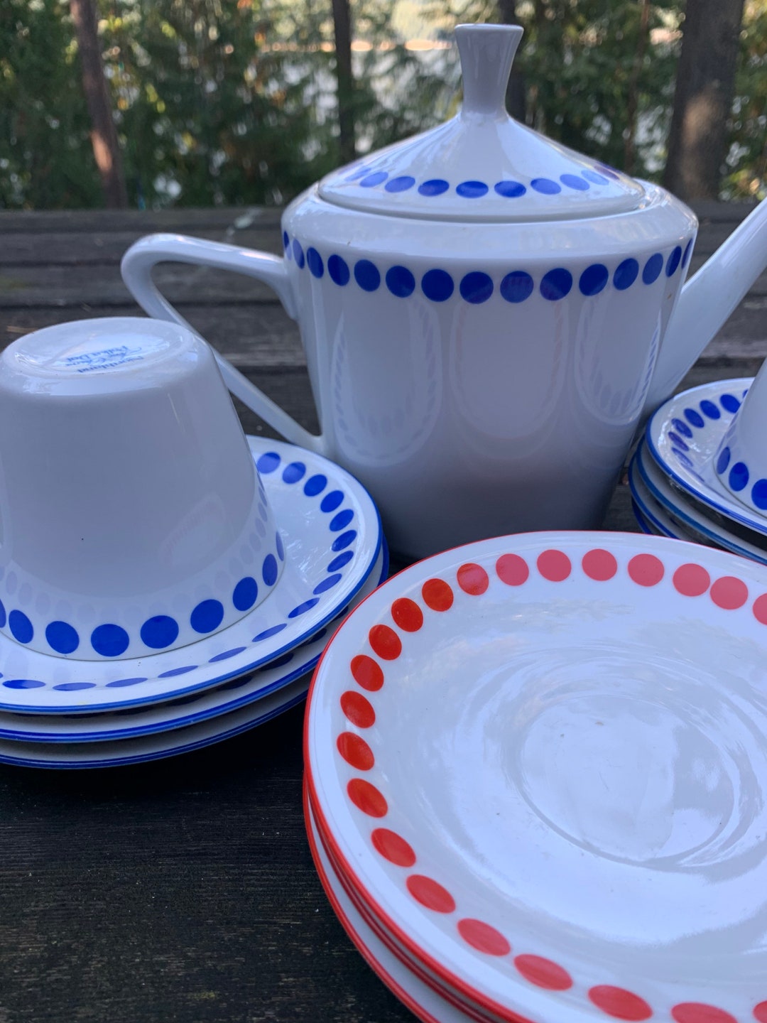 Tea Set, Blue White Polka Dot Teapot, Cups, Saucers, Northland Fine ...