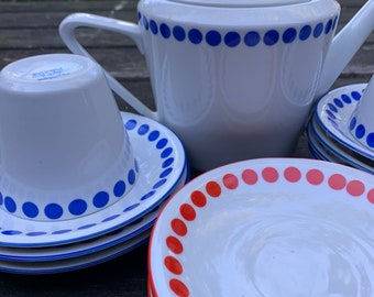 tea set, blue white polka dot teapot, cups, saucers,  Northland fine china tea set, tea for 2, retro dinnerware, gift ideas, hostess gifts