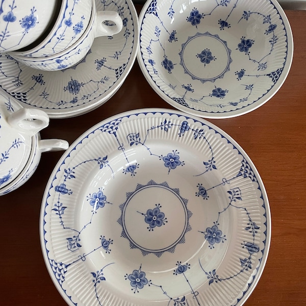 Furnivals denmark plates, soup bowls, cups, saucers, dessert plates, cake plates,blue white dinnerware set, gift for her, gift for him,