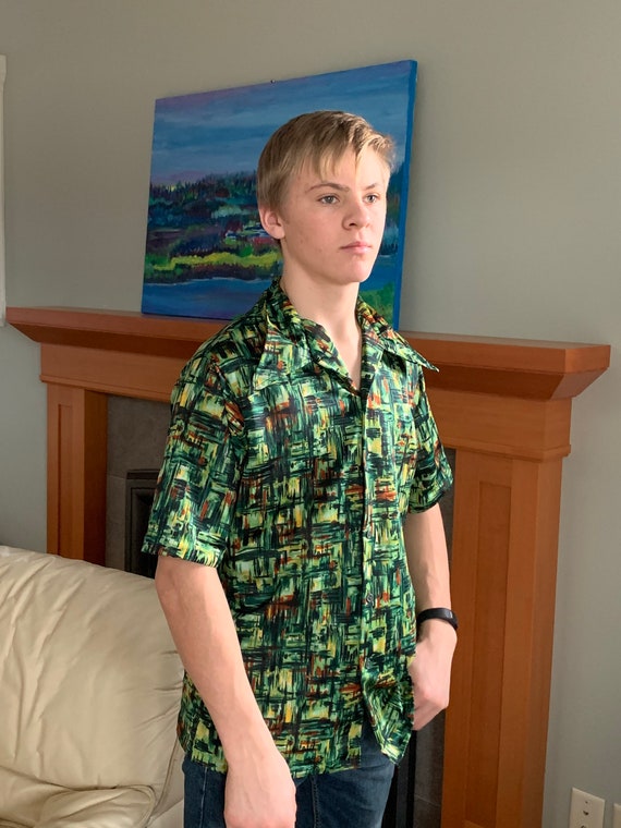 Disco shirt, vintage menswear, green, yellow, blac