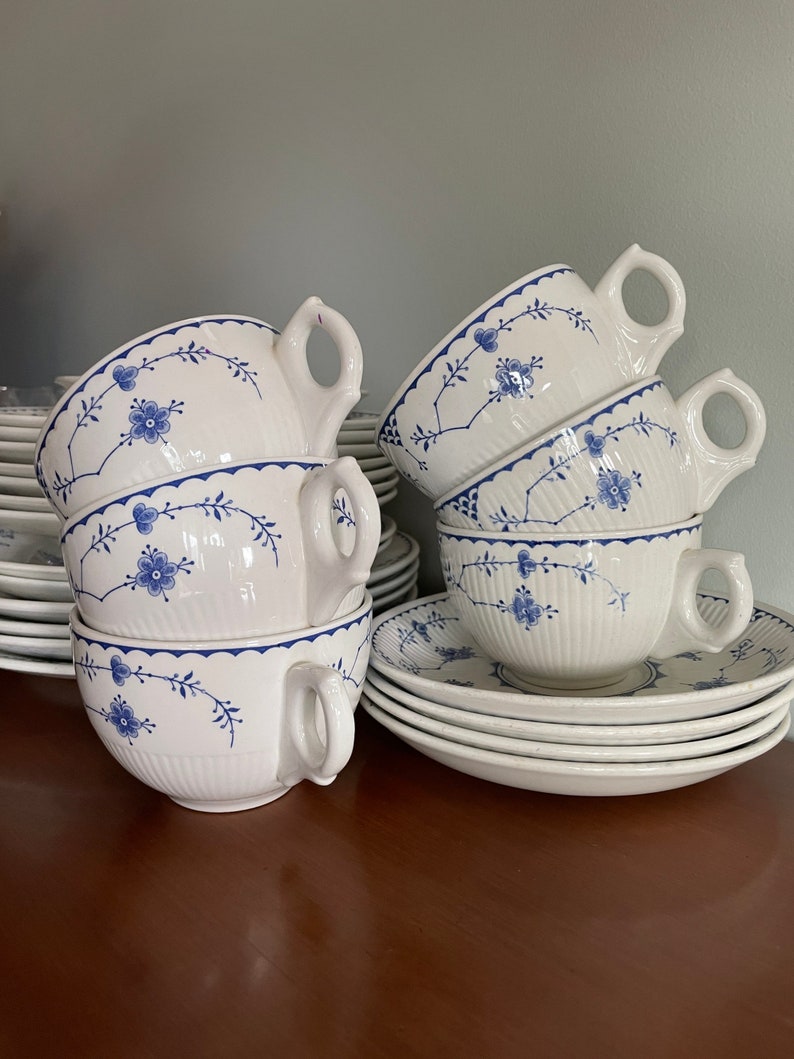 Furnivals denmark plates, soup bowls, cups, saucers, dessert plates, cake plates,blue white dinnerware set, gift for her, gift for him, image 2