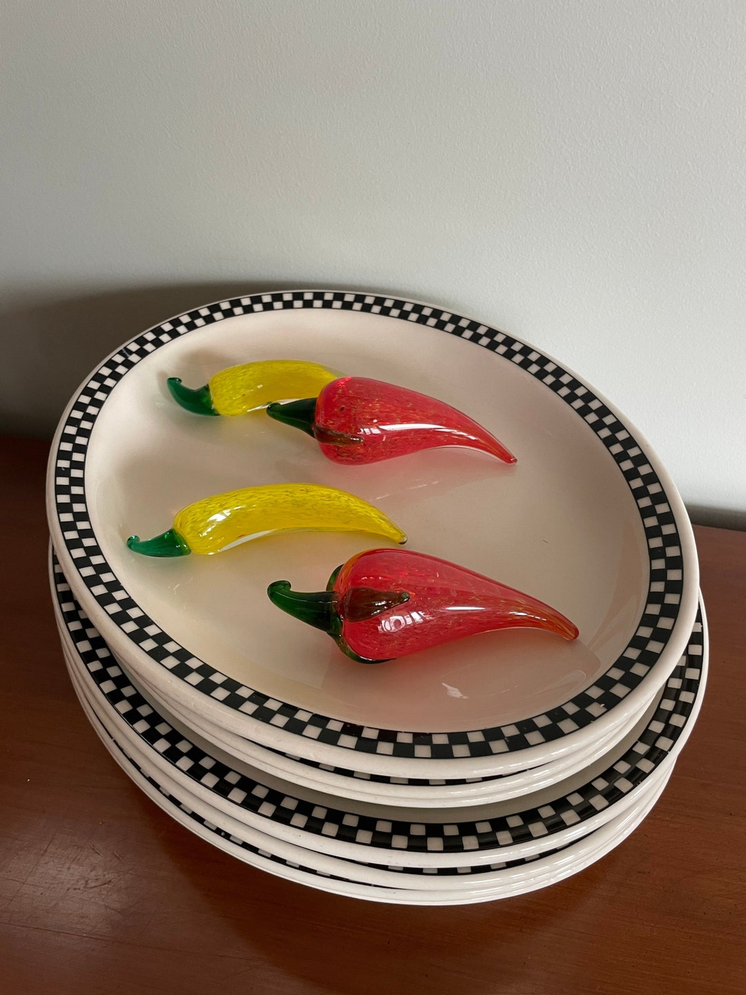 Homer Laughlin China Plates, Black and White Checkered Dinnerware, Mid