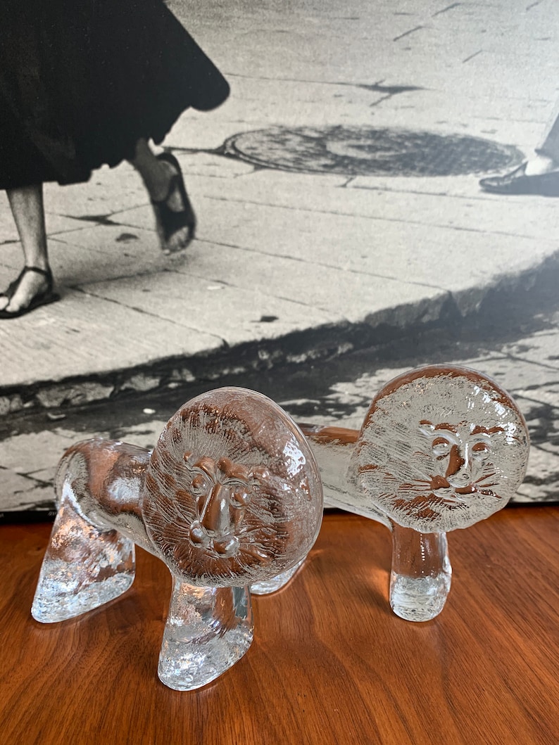 kosta boda lion mid century modern art glass vintage danish home decor retro paper weight boho chic living room decor mad men glass figurine