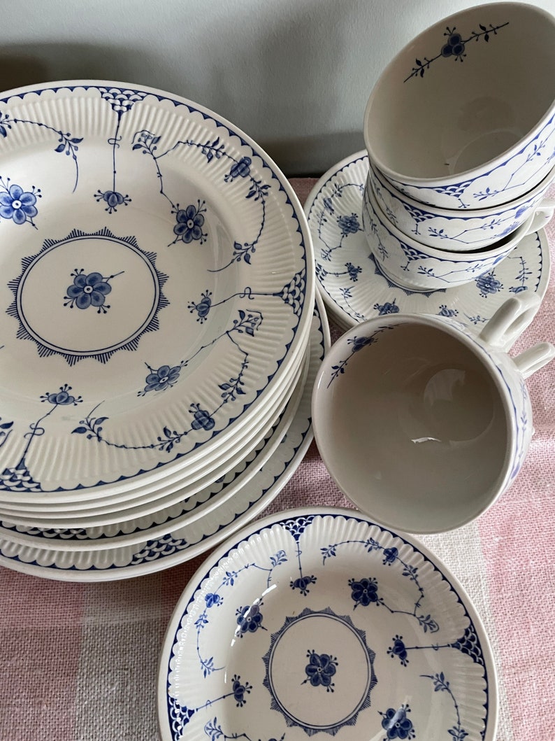 Furnivals denmark plates, soup bowls, cups, saucers, dessert plates, cake plates,blue white dinnerware set, gift for her, gift for him, image 4