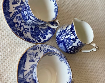 mikado Royal crown derby China tea set, blue white cups saucers creamer,jug, Easter tableware,vintage dinnerware, gift for her, couples gift