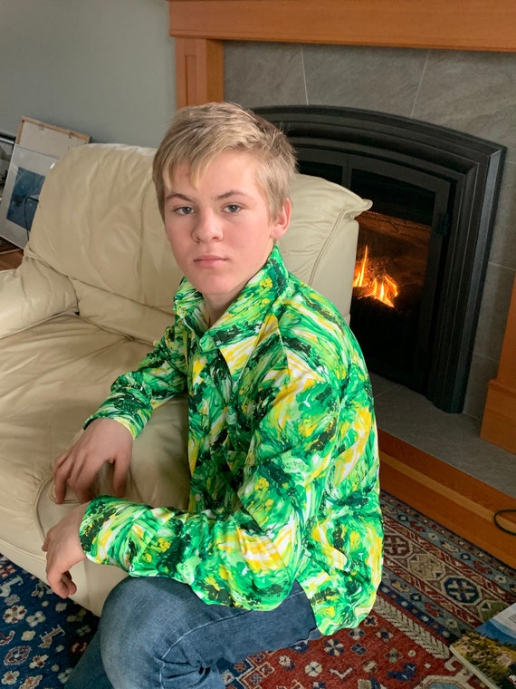 Disco shirt, vintage menswear, green, yellow, blac