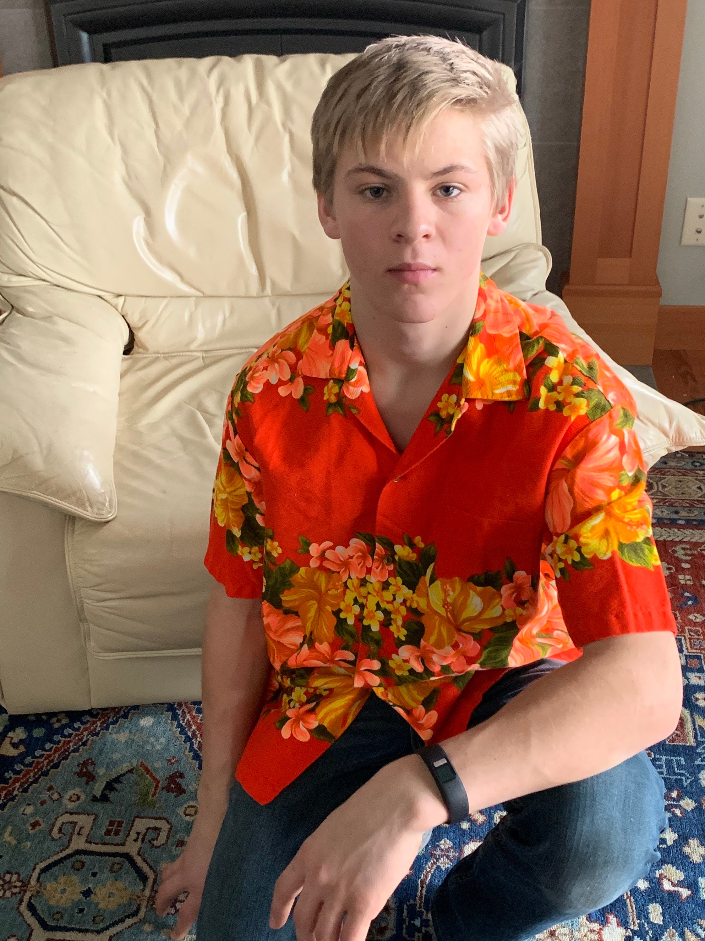 Orange,white,green, yellow, Hawaiian shirt, gift for him, Beach party, Beach bum, vintage shirt, made in USA, bark cloth shirts,