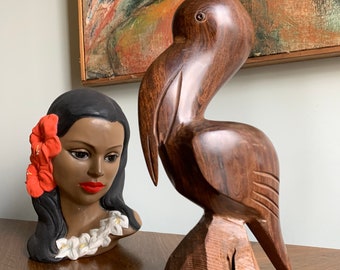 Pelican, figurine, vintage carved bird, handmade iron wood pelican, bohemian home decor, retro, boho chic, rustic farmhouse, cottage core,