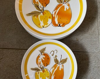 Ben Seibel, mikasa duplex, high summer, plates, dinnerware set, dessert plate, yellow, orange, white, brown, farmhouse decor, retro