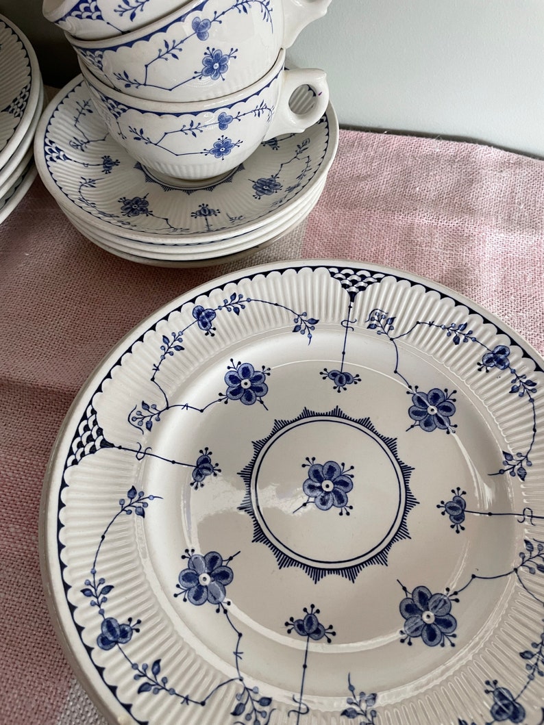 Furnivals denmark plates, soup bowls, cups, saucers, dessert plates, cake plates,blue white dinnerware set, gift for her, gift for him, image 8