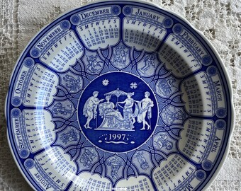 Spode plate, blue white dinnerware, greek souvenir, vintage blue white china plate, calendar, farmhouse kitchen dinner plate, gift idea,