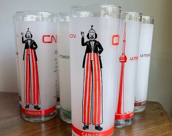 CN tower, Toronto Canada, vintage souvenir, cocktail glasses, mid century barware, white red green frosted tumblers, mad men bar cart, boho