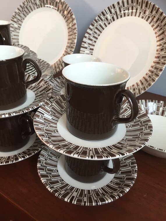 Ridgway Espresso Dishes Vintage Ironstone Dinnerware Vintage Dinner Plates Soup Cereal Bowls Large Serving Platter White Brown Geometric Etsy Canada