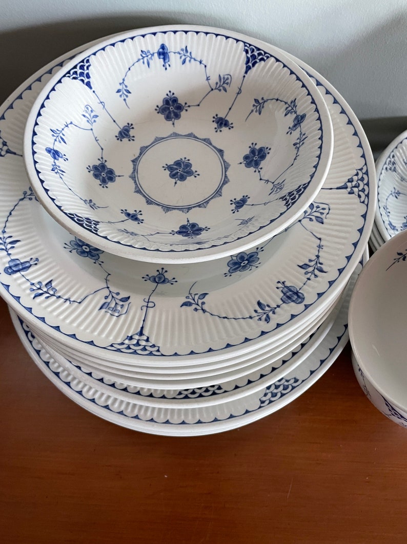 Furnivals denmark plates, soup bowls, cups, saucers, dessert plates, cake plates,blue white dinnerware set, gift for her, gift for him, image 9