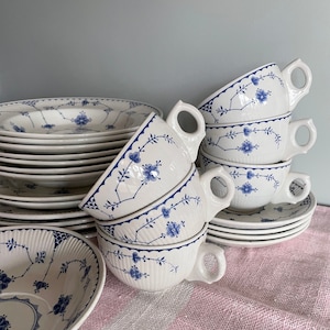 Furnivals denmark plates, soup bowls, cups, saucers, dessert plates, cake plates,blue white dinnerware set, gift for her, gift for him, image 10