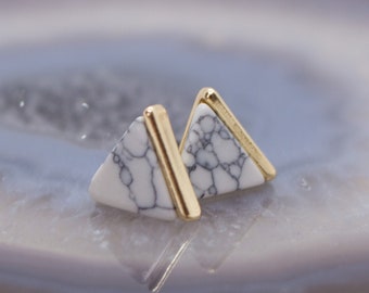 White Marble And Gold Triangle Minimalist Geometric Stud Earrings