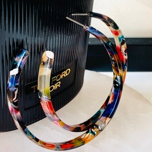 Extra Large Jewel Rainbow Multicolour Tortoiseshell Resin Statement Hoop Earrings // multicolour hoops, coloured earrings, gift for her