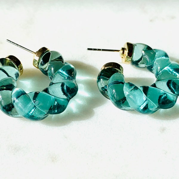 Everyday Aqua Twisted Rope Resin Hoop Earrings | lightweight | coloured hoops | blue | amber |olive green, gift for her | rainbow earrings