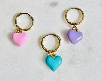 Candy Coloured Enamel Heart Huggy Earrings - pair //everyday hoops //pink //Bright teal // lilac, lightweight, gift for her, enamel, bright