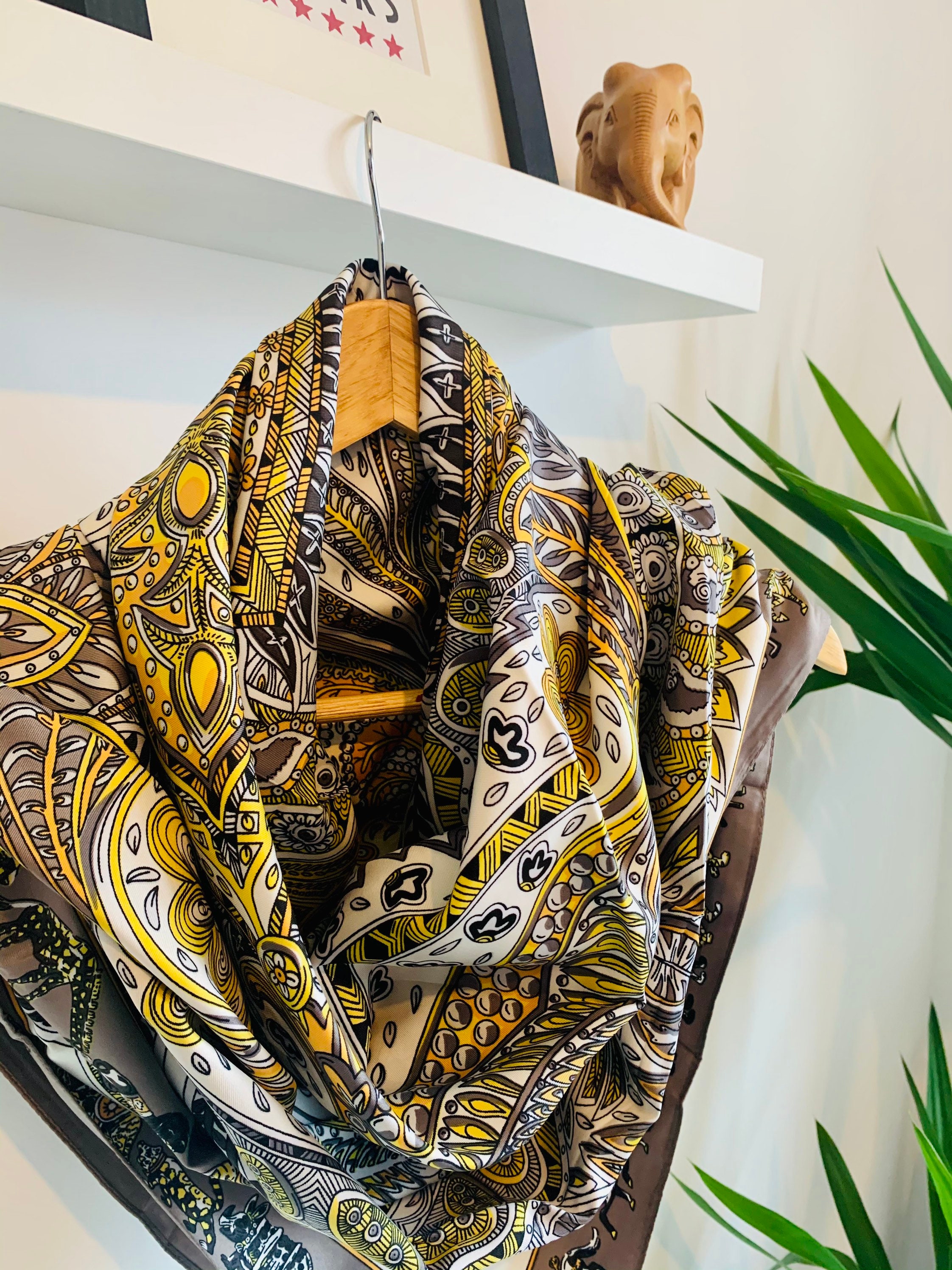 Large Yellow and Grey Silk Mirror Patterned Scarf With