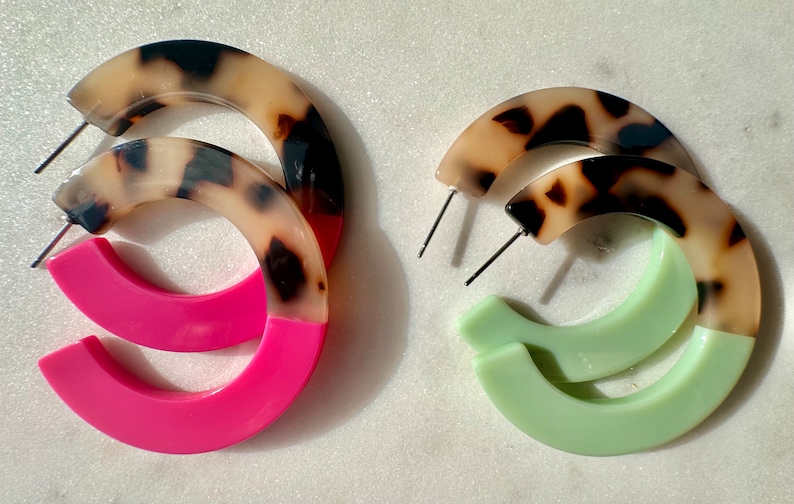 New Colour Tangerine Orange & Leopard Tortoiseshell Statement Lightweight Resin Hoop Earrings // bright pink, sage green, animal print Pink + Green