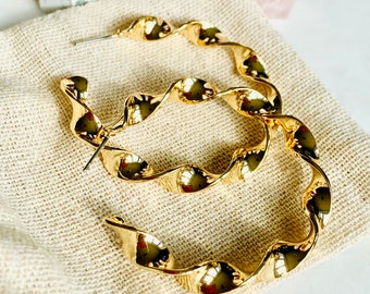 Large Gold Twisted Ribbon Statement Hoop Earrings