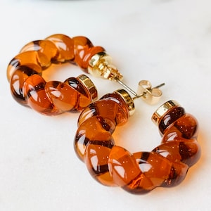 Amber Resin Hoop Earrings: Twisted Rope Lightweight Huggies