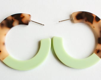 Sage Green & Leopard Tortoiseshell Statement Lightweight Resin Hoop Earrings // bright pink, neon orange festival hoops, animal print,