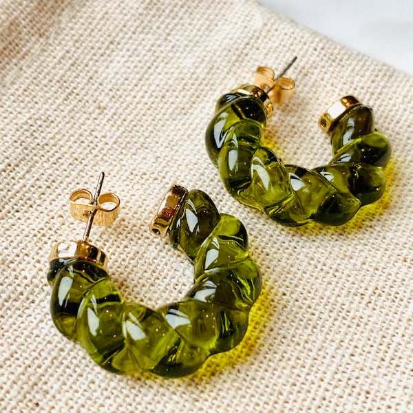 Everyday Olive Green Twisted Hoop Earrings by statementsandstuds | lightweight | chunky | amber | blue | gift for her | trendy colored hoops